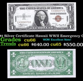 1935A $1 Silver Certificate Hawaii WWII Emergency Currency Grades Gem+ CU