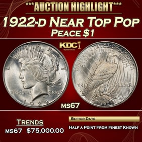 1922-d Peace Dollar Near Top Pop $1 ms67 SEGS