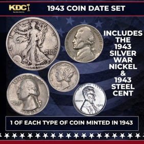 1943 5 Coin Date Set, 1 Of Each Type Of Coin Minted in 1943