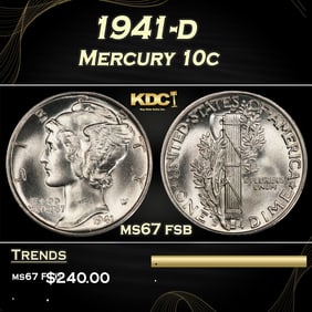 1941-d Mercury Dime 10c ms67 fsb SEGS