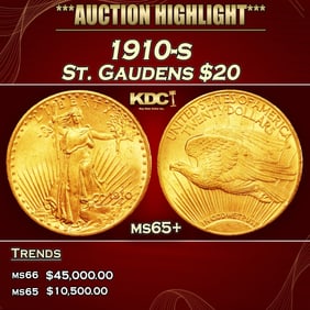 1910-s Gold St. Gaudens Double Eagle $20 ms65+ SEGS