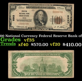 1929 $100 National Currency Federal Reserve Bank of Houston Grades vf++