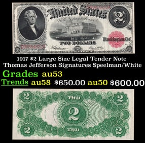 1917 $2 Large Size Legal Tender Note Thomas Jefferson Grades Select AU Signatures Speelman/White