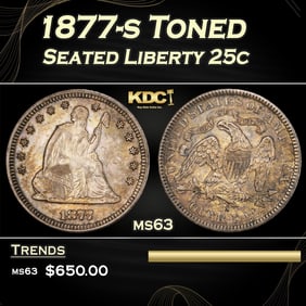 1877-s Seated Liberty Quarter Toned 25c ms63 SEGS