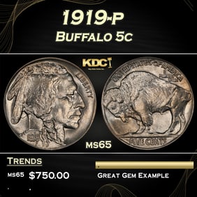 1919-p Buffalo Nickel 5c Grades ms65