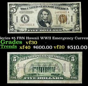 1934A $5 FRN Hawaii WWII Emergency Currency Key To Series Key To Series Grades vf++