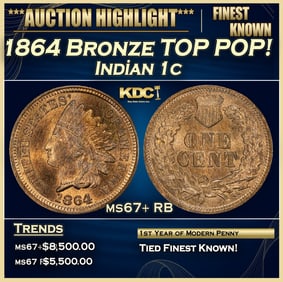 1864 Bronze Indian Cent TOP POP! 1c ms67+ RB SEGS
