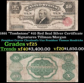 1891 $10 Red Seal Silver Certificate "Tombstone" Grades vf+ Signatures Tillman/Morgan