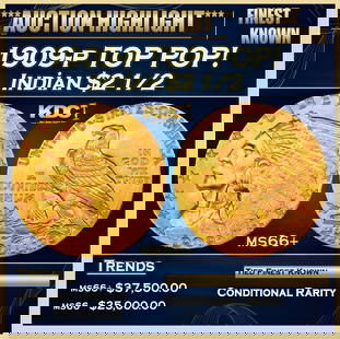 1909-p Gold Indian Quarter Eagle TOP POP! $2 1/2 ms66+ USCG: 1909-p TOP POP! Gold Indian Quarter Eagle $2 1/2 ms66+ USCG. The sunken relief of Bela Lyon Pratt's Indian quarter eagle design was a first on circulating U.S. coinage. The design lacked a protective