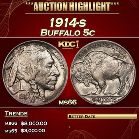 1914-s Buffalo Nickel 5c ms66 SEGS