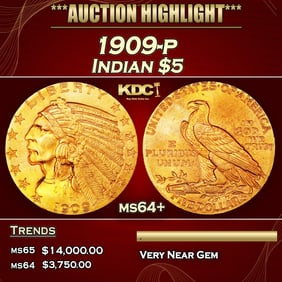 1909-p Gold Indian Half Eagle $5 ms64+ USCG