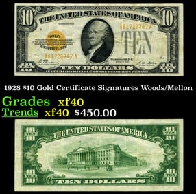 1928 $10 Gold Certificate Signatures Woods/Mellon Grades xf