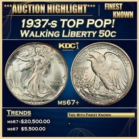 1937-s Walking Liberty Half Dollar TOP POP! 50c ms67+ SEGS