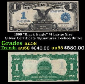 1899 $1 large size Silver Certificate "Black Eagle" Grades Choice AU/BU Slider Signatures