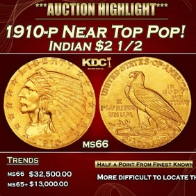 1910-p Gold Indian Quarter Eagle Near Top Pop! $2 1/2 ms66 USCG