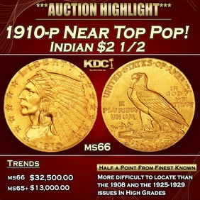 1910-p Gold Indian Quarter Eagle Near Top Pop! $2 1/2 ms66 USCG