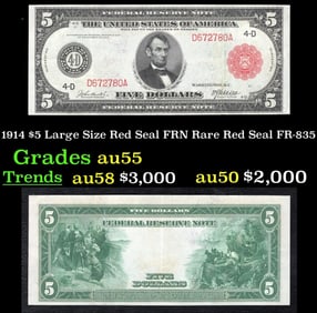1914 $5 Large Size Red Seal FRN Rare Red Seal Grades Choice AU FR-835