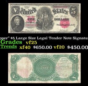 1907 $5 Large Size Legal Tender Note "WoodChopper" Grades vf+ Signatures Teehee/Burke