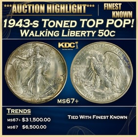 1943-s Walking Liberty Half Dollar Toned TOP POP! 50c ms67+ SEGS