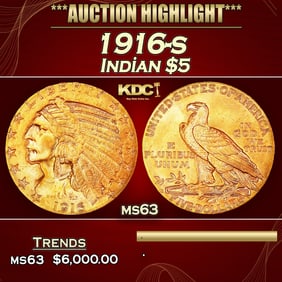 1916-s Gold Indian Half Eagle $5 ms63 USCG