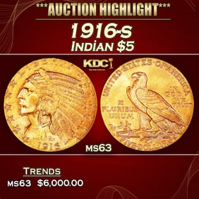 1916-s Gold Indian Half Eagle $5 ms63 USCG