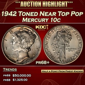 1942 Proof Mercury Dime Toned Near Top Pop 10c pr68+ SEGS