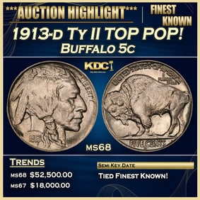 1913-d Ty II Buffalo Nickel TOP POP! 5c ms68 SEGS