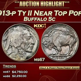 1913-p Ty II Buffalo Nickel Near Top Pop! 5c ms67 SEGS