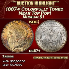 1887-p Morgan Dollar Colorfully Toned Near Top Pop! $1 ms67+ SEGS