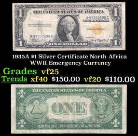 1935A $1 Silver Certificate North Africa WWII Emergency Currency Grades vf+