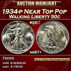 1934-p Walking Liberty Half Dollar Near Top Pop 50c ms67+ SEGS
