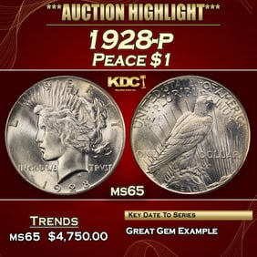 1928-p Peace Dollar $1 ms65 SEGS