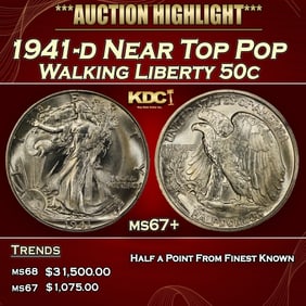 1941-d Walking Liberty Half Dollar Near Top Pop 50c ms67+ SEGS
