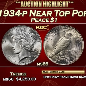 1934-p Peace Dollar Near Top Pop $1 ms66 SEGS