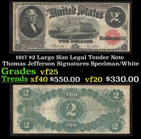 1917 $2 Large Size Legal Tender Note Thomas Jefferson Grades vf+ Signatures Speelman/White