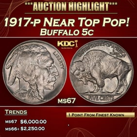 1917-p Buffalo Nickel Near Top Pop! 5c ms67 SEGS