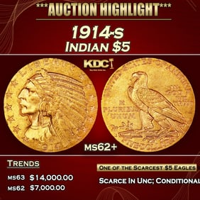 1914-s Gold Indian Half Eagle $5 ms62+ USCG