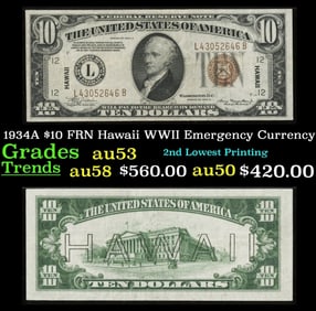 1934A $10 FRN Hawaii WWII Emergency Currency Grades Select AU