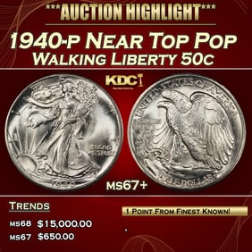 1940-p Walking Liberty Half Dollar Near Top Pop 50c ms67+ SEGS