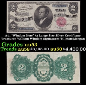 1891 $2 Large Size Silver Certificate "Windom Note" Treasurer William Windom Grades Select AU