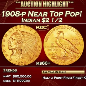 1908-p Gold Indian Quarter Eagle Near Top Pop! $2 1/2 ms66+ USCG