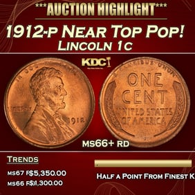 1912-p Lincoln Cent Near Top Pop! 1c ms66+ rd SEGS