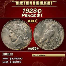 1923-d Peace Dollar $1 ms65+ SEGS