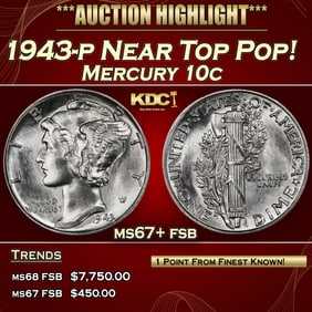 1943-p Mercury Dime Near Top Pop! 10c ms67+ fsb SEGS