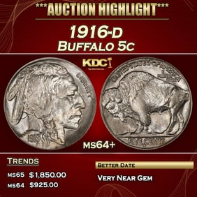 1916-d Buffalo Nickel 5c ms64+ SEGS