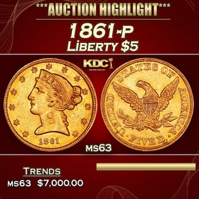 1861-p Gold Liberty Half Eagle $5 ms63 USCG