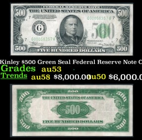 1934 $500 Green Seal Federal Reserve Note President McKinley Chicago, IL Grades Select AU FR-2201G