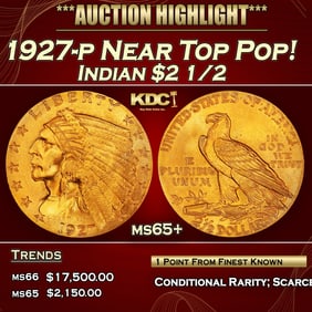 1927-p Gold Indian Quarter Eagle Near Top Pop! $2 1/2 ms65+ SEGS