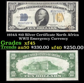 1934A $10 Silver Certificate North Africa WWII Emergency Currency Grades xf+