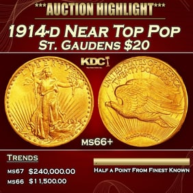 1914-d Gold St. Gaudens Double Eagle Near Top Pop $20 ms66+ SEGS